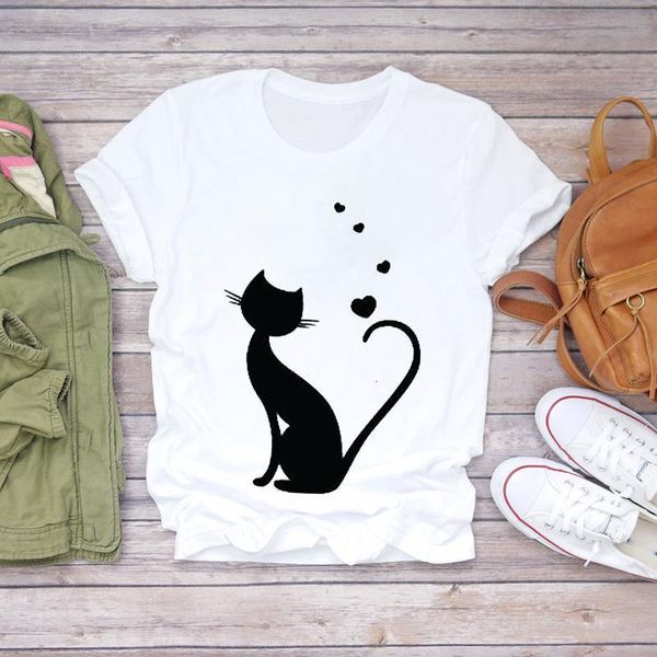 

women t-shirts cat love heartbeat paw animal printing short sleeve 90s print lady womens graphic t shirt female tee t-shirt, White