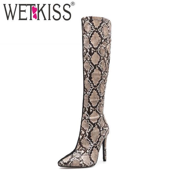 

wetkiss snake print knee high women boots pointed toe footwear high heels female boot fashion shoes woman spring 210630, Black