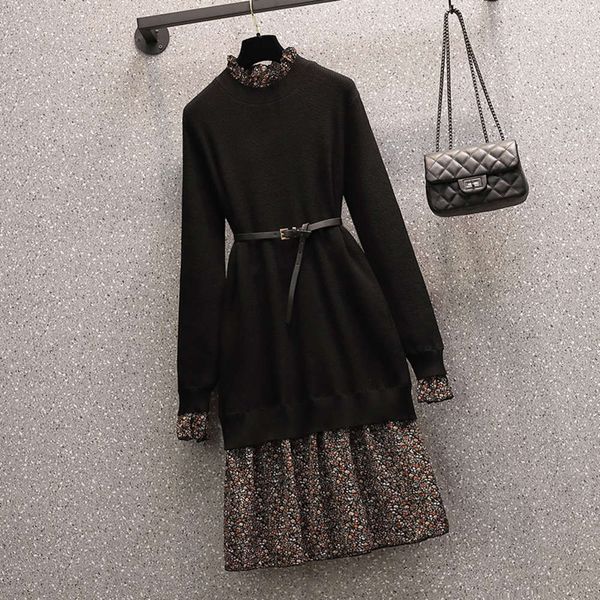

large women's clothing autumn and winter 2020 fat mm foreign style show thin cover meat age cut flower chiffon stitching knitted dress, Black;gray