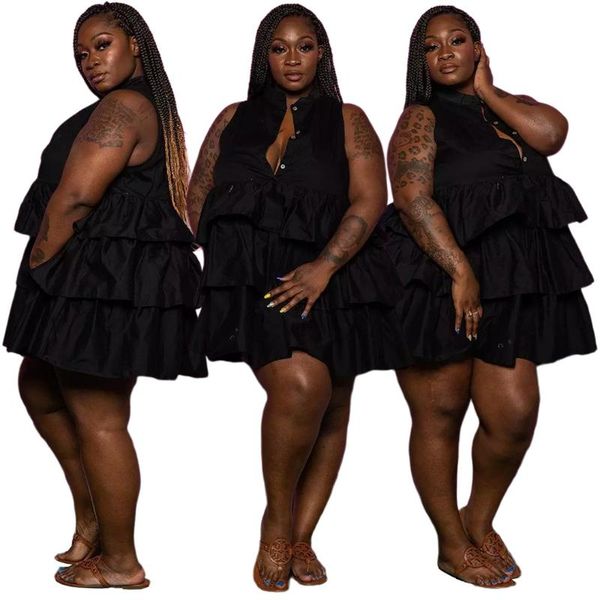 

casual dresses fashion plus size women's clothing solid color button sleeveless cake dress streetwear maxi party women 4xl 5xl, Black;gray