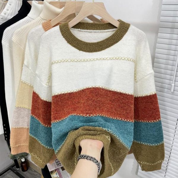 

women's sweaters striped rainbow sweet korean style fashion pullovers for ladies autumn winter 2021 clothing sweater blouse female, White;black