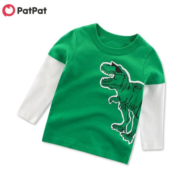 Primavera e outono de algodão puro dinossauro dinossauro redondo pescoço de manga longa top kids tops de manga longa t-shirt bebê c 210528