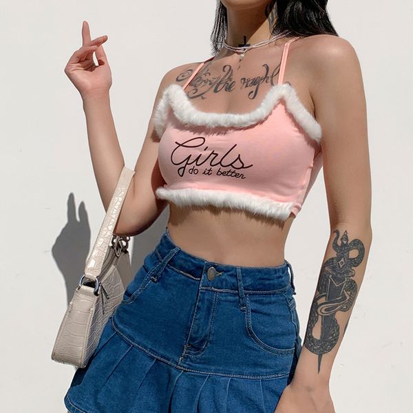 

print letter bandage cropped bustier women tank backless sleeveless villus halter short fashion cotton tshirt, White