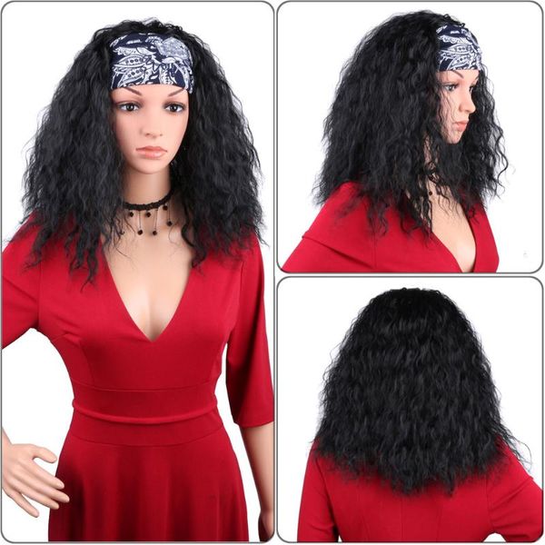 

synthetic wigs water wave headband for afro women 14/20 inch natural hair wig with scarf heat resistant fibre cosplay, Black