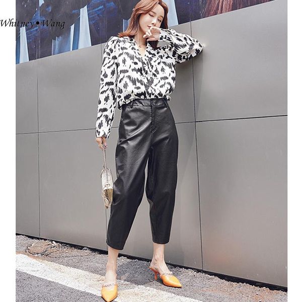 

women's pants & capris whitney wang 2021 autumn winter fashion streetwear high waist pu women office lady faux leather trousers, Black;white