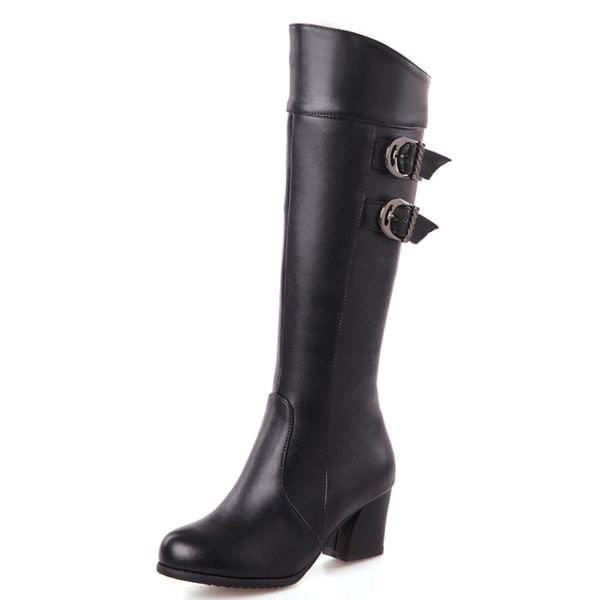 

2021 new simple and versatile outer trade double-breasted white knee-length boots thick heels short teddy plutonium zipper long shoes o9l8, Black