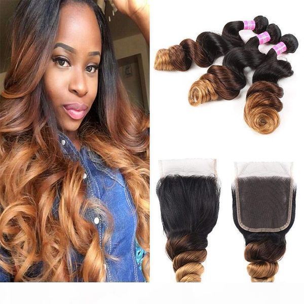 

1b 4 30# dark roots brown blonde loose wave ombre human hair weave bundles with lace closure malaysian virgin hair extensions, Black;brown