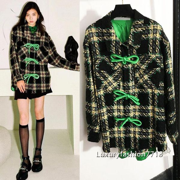 

women's wool & blends 2021 fashion fall clothes for women bow button design plaid tweed pocket long sleeve coat woman coats jac, Black