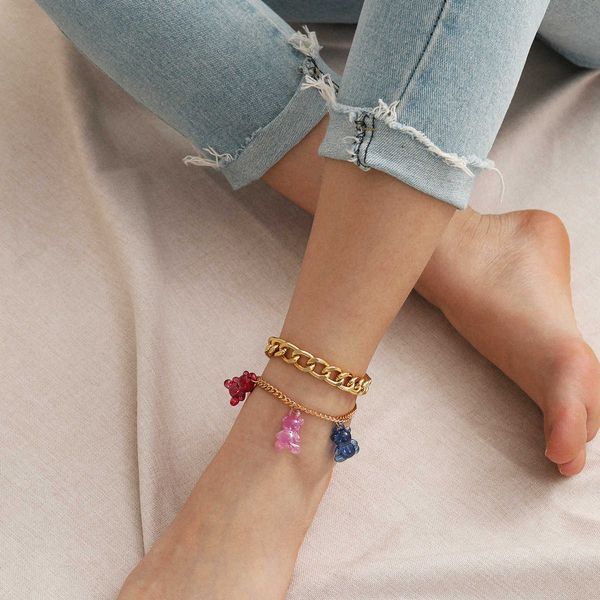 

jewelry personality thick contrast foot decoration women's simple color acrylic bear pendant chain, Silver