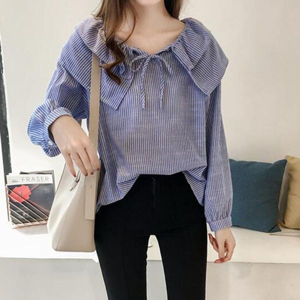 

women's blouses & shirts autumn blouse women striped long sleeve o-neck shirt casual, White