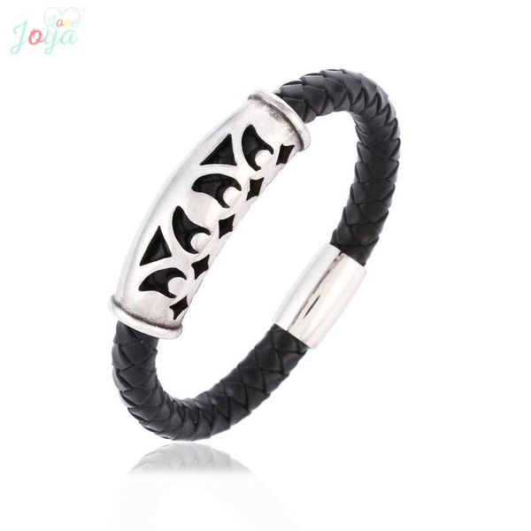 

cuff badu black leather bangle men silver stainless steel magnetic hollowing vintage punk bracelets for wholesale, White