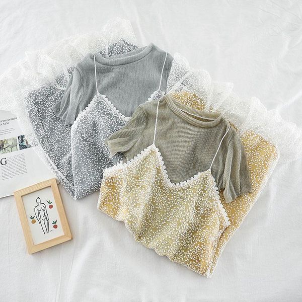 

women's tracksuits heliar set women white lace loose dress 2021 summer v-neck camisole party casual dresses robe two pieces sets, Gray