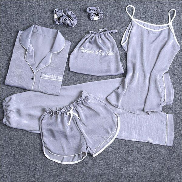 

7 pcs women pajamas sets sleepwear nightwear embroidery long home clothing nightwear lingerie ladies pijama lounge pyjama, Black;red