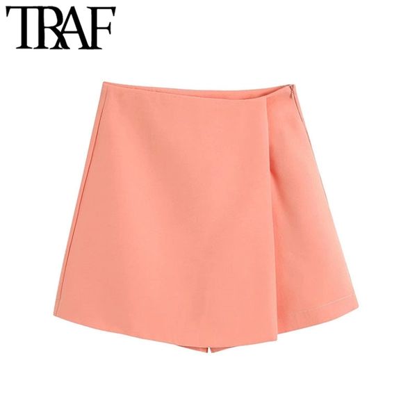 

traf women chic fashion office wear asymmetric wrap mini shorts skirt vintage high waist side zipper female skort mujer 210309, White;black