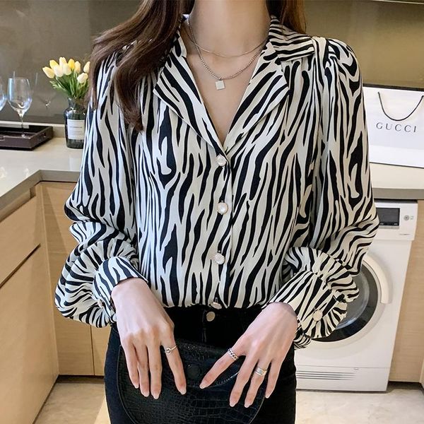 

women's blouses & shirts fashion chiffon zebra printing 2021 spring summer long sleeve blusas mujer, White