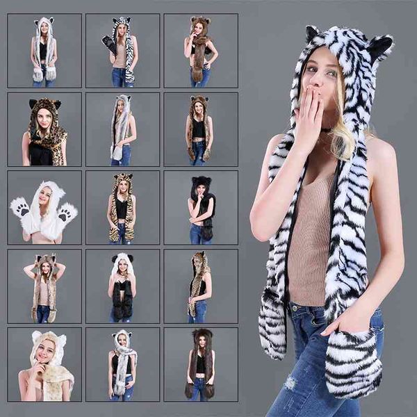 

imitation fur hat animal hat cartoon gloves imitation scarf, Black