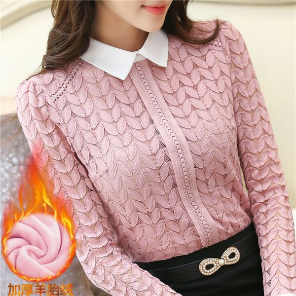 

plus velvet blouses turn down collar winter new shirts women blusa long sleeve lace shirt women pink blouses 909j60 210225, White