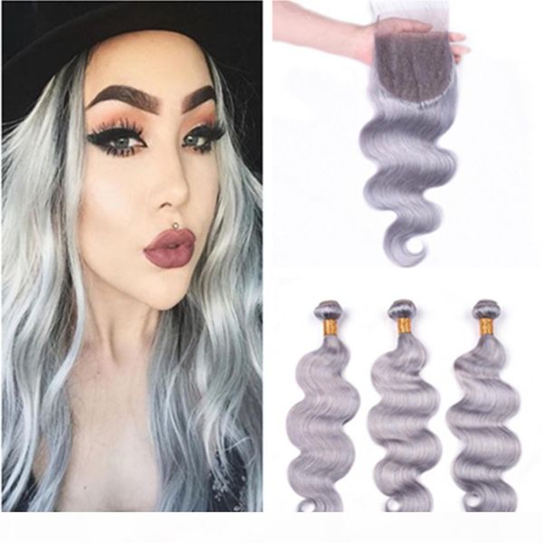 

malaysian silver grey human hair weaves body wave 3bundles with closure 4pcs lot pure grey color human hair 4x4 lace closure with bundles, Black