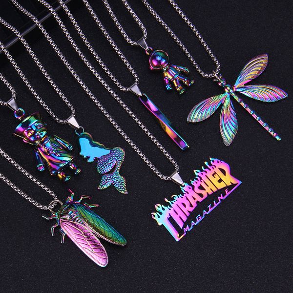 

thrasher punk hip hop necklace quenched wind street style multicolored vintage mermaid dragonfly cicada zombie astronaut personality men nec, Silver