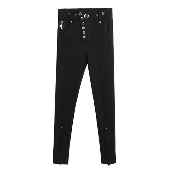 

women's pants & capris women street wear button designed zipper cuff elastic stretch all matching full length cotton pencil black fs065, Black;white