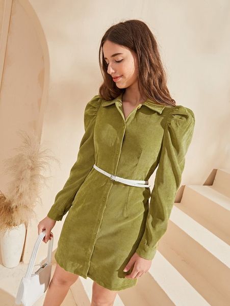 

teen girls collared puff sleeve cord shirt dress without belt she, Red;yellow