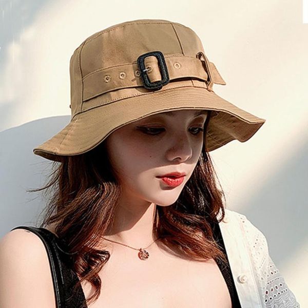 

wide brim hats korean women summer solid color bucket hat elegant buckle belt outdoor sun protection beach fisherman, Blue;gray