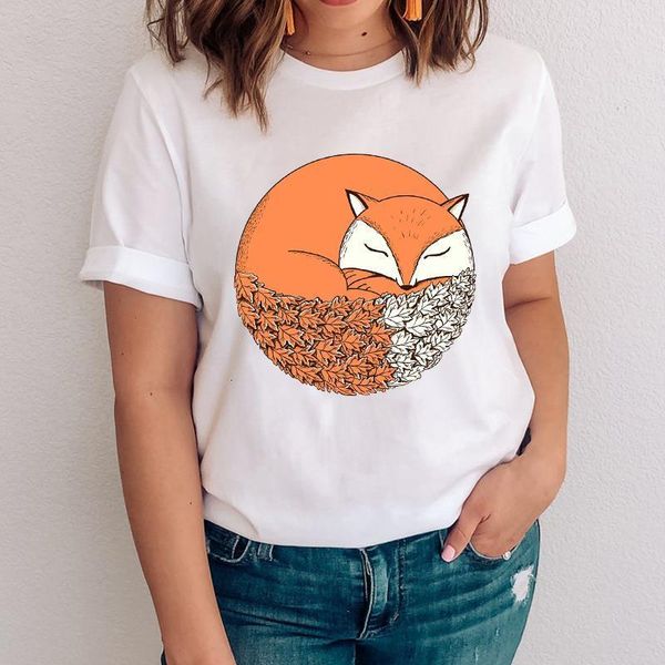 

women graphic cartoon printing short sleeve clothing fox animal clothes lady clothing tees print female tshirt t-shirt, White
