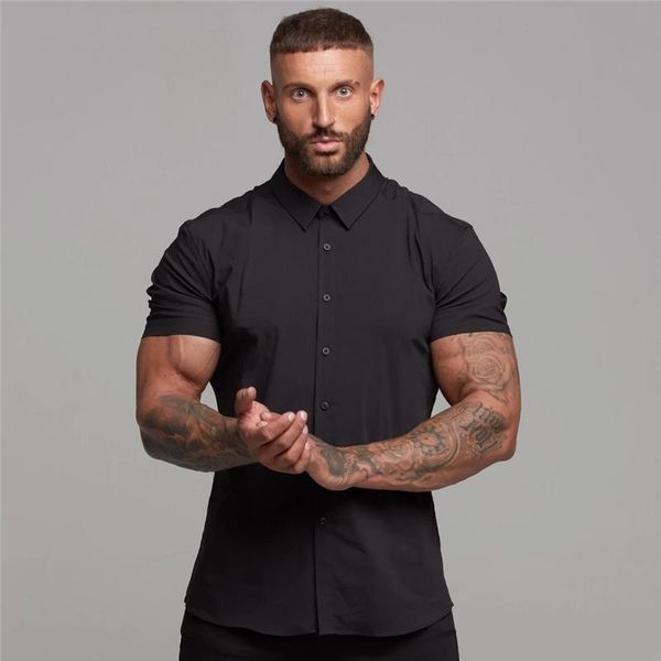 

running short sleeve shirt men solid fitness mens turn-down collar super slim fit business dress shirt button gym tees, Black;blue