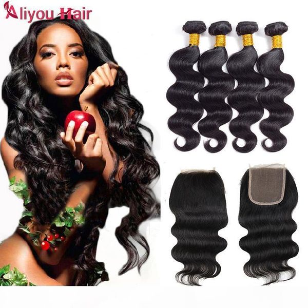 

new arrival brazilian body wave human hair weaves extensions 4 bundles with closure natural color middle part double weft dyeable, Black;brown