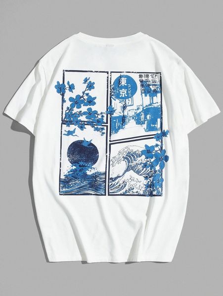 

men japanese letter & wave print tee e05d#, White;black