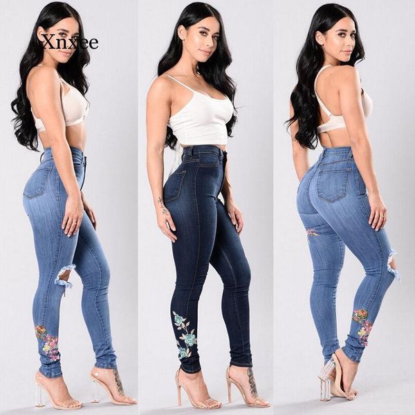 

women's jeans women plus size high waist distressed ripped blue skinny denin pant casual clothes