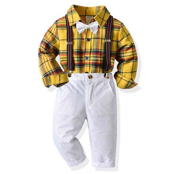 Bambini Neonati maschi Vestiti Set Autunno Primavera Manica lunga Papillon Camicia + Bretelle Pantaloni 2 pezzi Set Bambini Costume da gentiluomo Abiti G220310