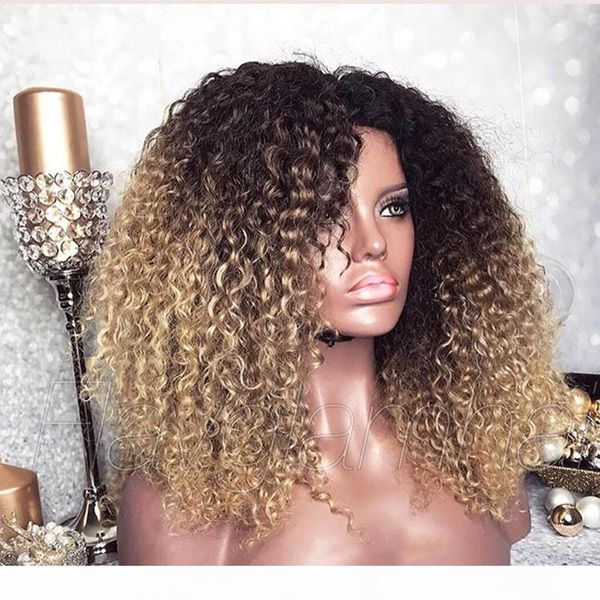 

fashion african american women stylemongolian afro kinky curly wig ombre wig 250 density colored synthetic lace front wigs natural hairline, Black