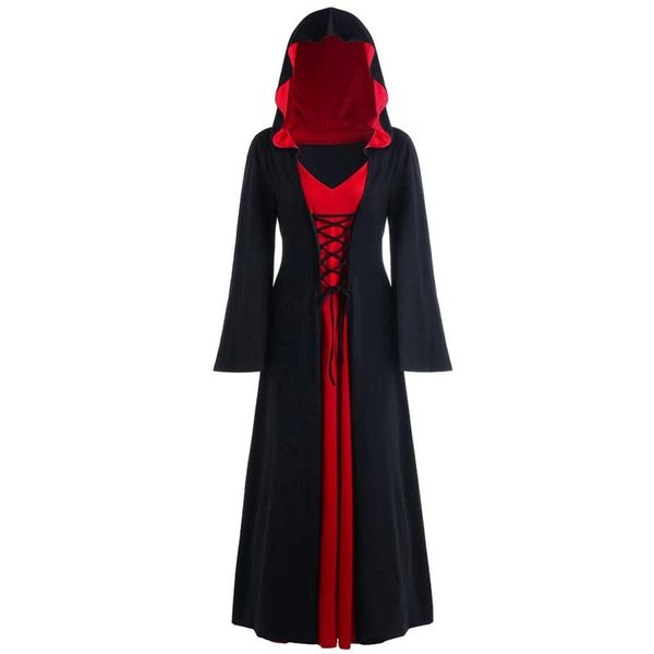 

casual dresses women's plus size hooded dress autumn lace up patchwork long sleeve cosplay vintage witch halloween costumes for women, Black;gray