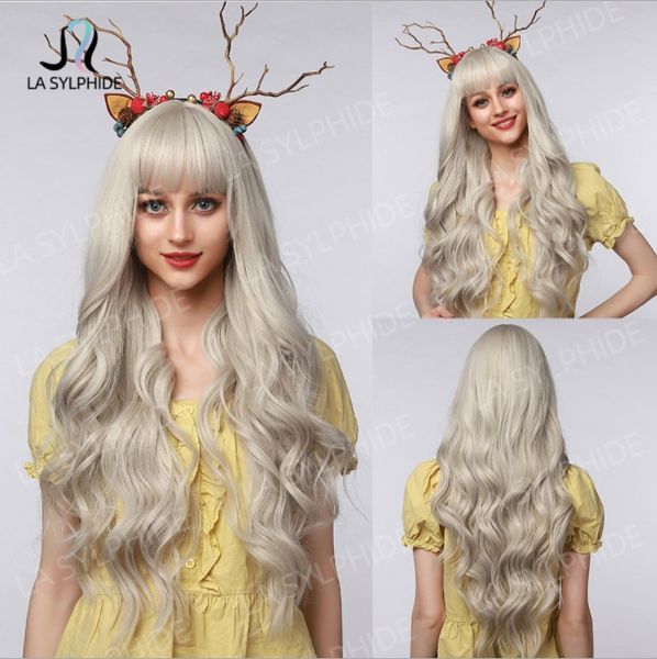 

synthetic wigs long curly wave hair grey brand air bangs, Black