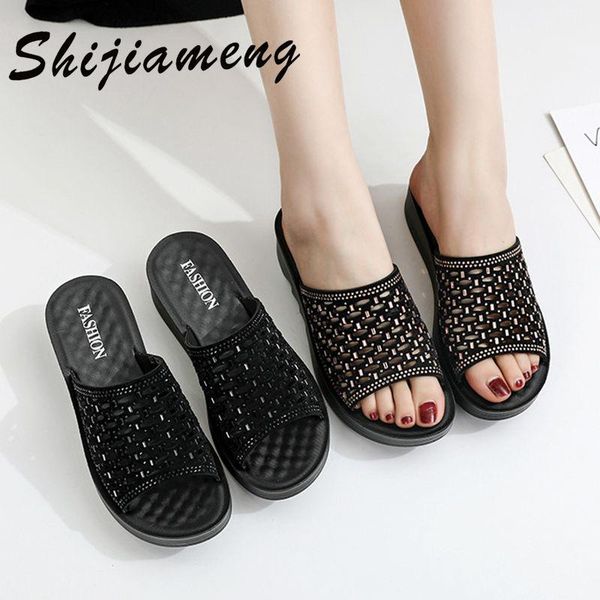 

slippers 2021 spring and summer thick soled breathable leisure high heels slope heel women's fashion one word sandals, Black