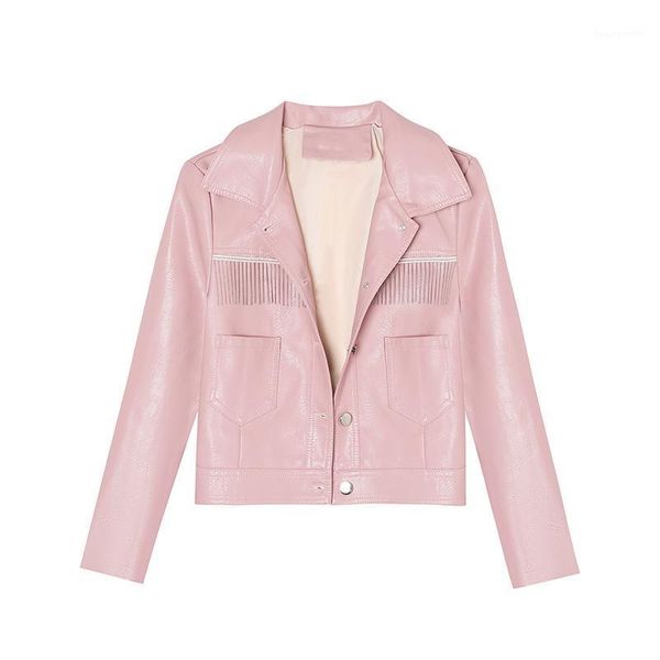 

spring women pu leather jacket single breasted tassels faux soft short coat turndown collar motorcycle outwear women's &, Black