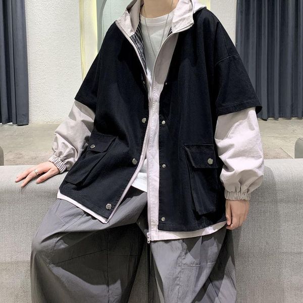 

men's jacket 2021 spring and winter new slim solid color home leave two-piece printed jacket loose casual young men's clothing, Black;brown