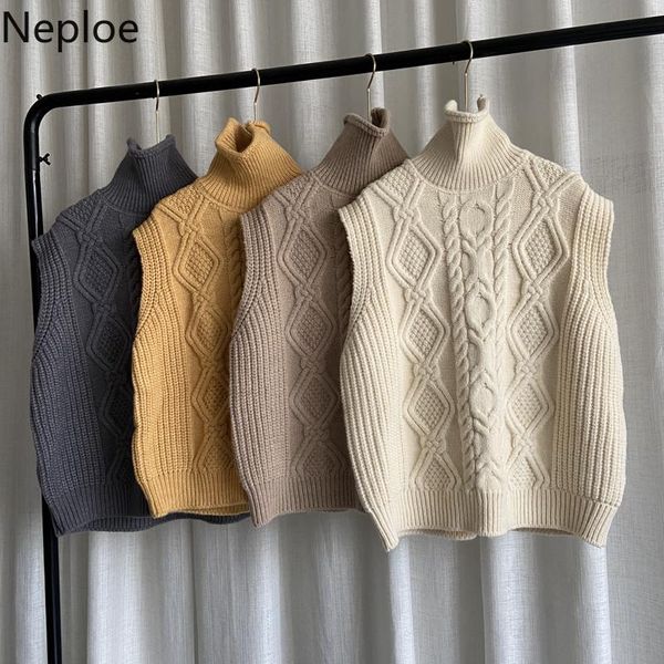 

neploe korean turtleneck sweater vest women sleeveless thicked knitted ribbed waistcoat 2021 fall clothes pullovers tank, White;black