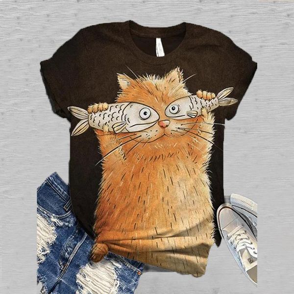 

women's t-shirt 2021 women cartoon cat printed casual cotton short sleeve summer tee o-neck animal printing t shirt, White