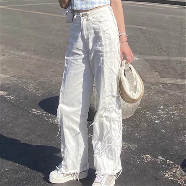 

women's jeans fashion wild women high waist solid loose wide leg pants trend 2021 slimming straight fringe burr denim trousers retro, Blue