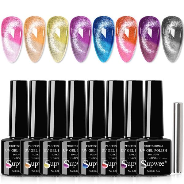 

nail gel supwee 8pcs/set polish set thermal 9d spar cat eye color change magnetic semi permanent uv shining varnish, Red;pink