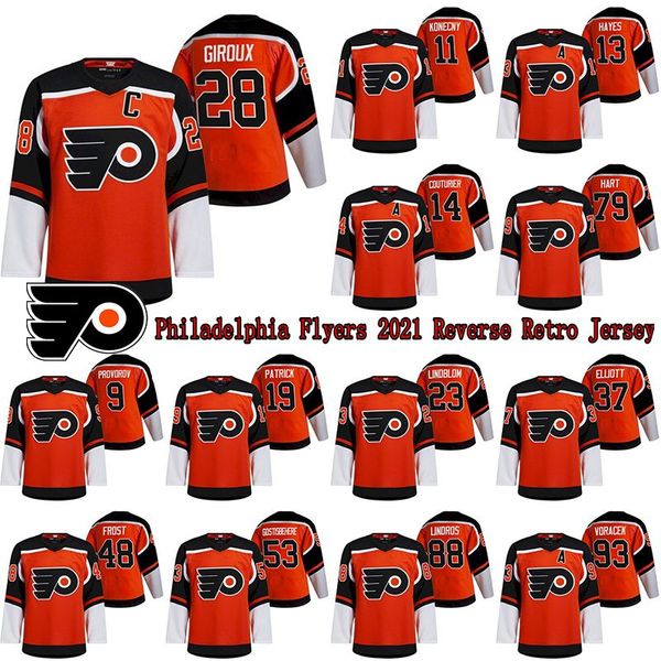 

philadelphia flyers 2021 reverse retro jersey 28 claude giroux 13 kevin hayes 79 carter hart 17 wayne simmonds hockey jerseys, Black;red
