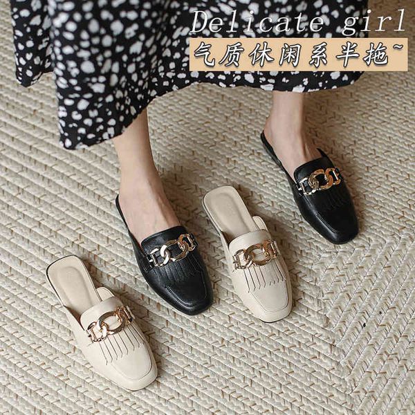 

black tassel muller one foot women's lazy half slippers women wear lefu shoes outside in summer