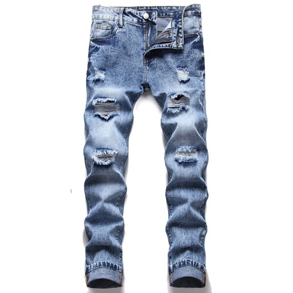 

men's slim fit hole jeans fashion straight leg distressed destroyed biker casual denim pants big size motocycle hip hop trousers for ma, Blue