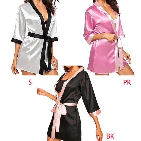

women's sleepwear women imitation silk short kimono robe colorblock bride wedding party open front bathrobe nightgown with belt panty, Black;red