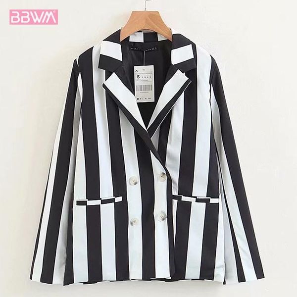 

women's jackets long-sleeved overcoat, white and black striped suit, korean fashion, autumn 2021 professional feminine jacket, Black;brown