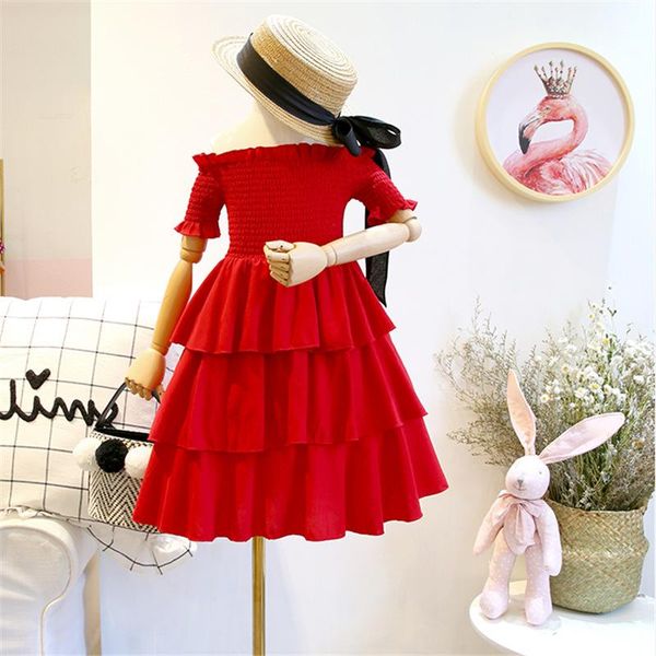 

girl's dresses wlg girls summer princess kids solid red short sleeve ruffle party dress baby girl clothes 3-7 years, Red;yellow