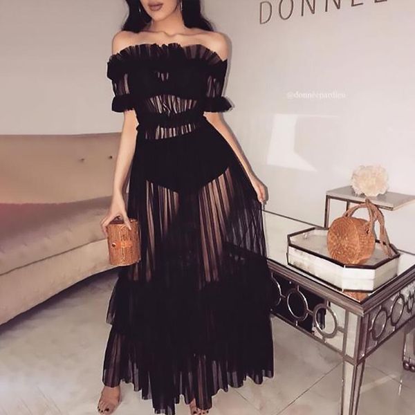 

women's swimwear beach long dress plus size 3xl women ruffle off shoulder mesh swimsuits cover-ups sheer see through bikini cover up tu, White;black