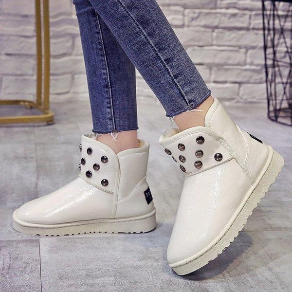 

boots patent leather snow female winter flat heel round head plush short leisure student warm cotton, Black